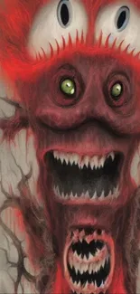 Monstrous red abstract creature with surreal eyes and teeth on mobile wallpaper.