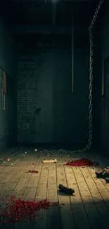 Eerie abandoned room with chains and scattered debris on wooden floor.