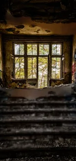 Abandoned staircase with open windows casting light and shadows.