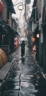 Person with umbrella in moody alley street scene with lanterns.