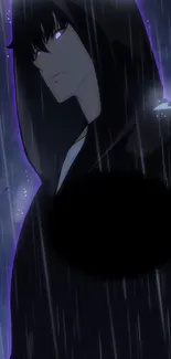 Anime character in black cloak standing in the rain with purple highlights.