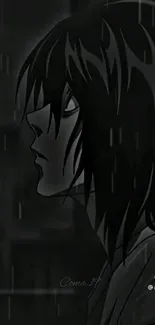 Dark anime character silhouette in rain, moody art style.