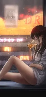 Anime girl drinks by a rainy window, reflecting a serene and moody ambiance.