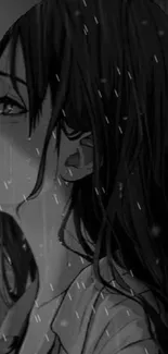 Anime girl in a rainy, moody setting with grayscale hues.