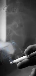 Monochrome image of a hand holding a cigarette amidst smoke.