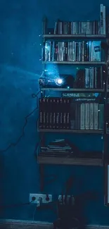Cozy blue library nook with bookshelves.