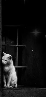 Black and white image of a cat sitting in a window frame.