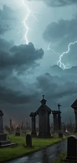 Cemetery wallpaper with stormy sky and lightning, creating a dark atmosphere.