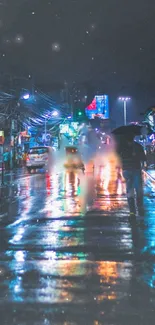 Night city street with neon lights and rain reflections.