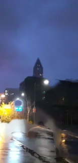 Moody city nightscape with illuminated buildings.