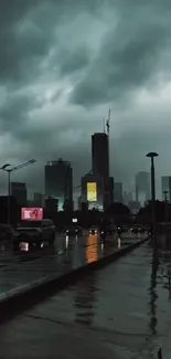 Moody city skyline with stormy clouds at dusk and reflections on wet pavement.