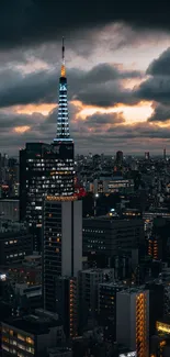 Moody cityscape with dark clouds at dusk showcasing illuminated skyline.