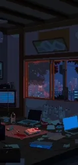 Cozy tech room with city view at night wallpaper.