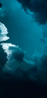 Moody clouds with deep teal color fill the mobile wallpaper background.