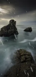 Dramatic seascape with rain over rocky cliffs under a moody sky.