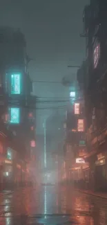 Moody cyberpunk street with neon lights at night.