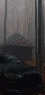 Atmospheric wallpaper of a cabin and car in a misty autumn forest.