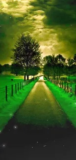 Moody green landscape with a path and dramatic clouds.