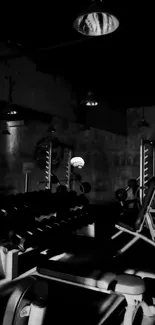 Monochrome gym interior wallpaper with equipment under dramatic lighting.