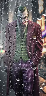 Joker in purple coat standing behind rain-splattered glass.