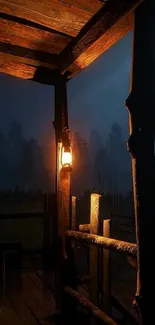 Rustic lantern on a wooden porch at twilight with a dark blue sky.