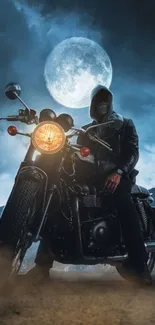 Motorcycle rider under full moon with a dramatic sky.