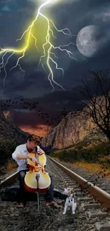 Cellist on railway with lightning and moonlit mountains.