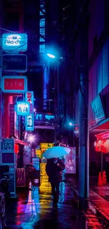 Moody neon-lit street wallpaper with vibrant blue hues.