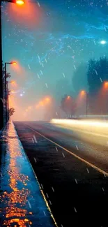 Moody street with rain and glowing lights at night.