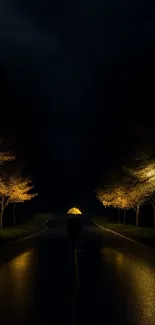 Night road scene with umbrella and warm lights.