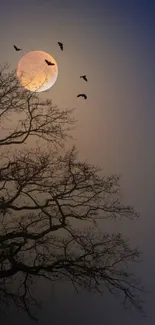 Moody night sky with moon, tree silhouette, and birds in flight.