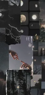 Collage of moody night skies with celestial elements showcasing moons and stars.