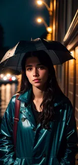 Woman holding umbrella on a rainy night street.