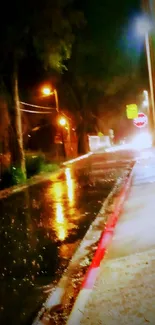 Moody night street with rain reflections and glowing lights.