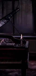 Moody piano with a candle in a dimly lit room at night.