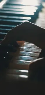 Close-up of piano keys with moody lighting, creating a dramatic visual effect.