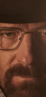 Moody portrait of a man with hat and glasses in warm lighting.