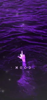 A moody purple ocean with a hand gesture at night, creating a mysterious vibe.