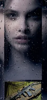 Mysterious face behind raindrop-covered glass with dark aesthetic.