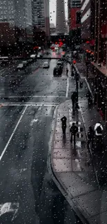 Rainy cityscape with raindrops on a window.