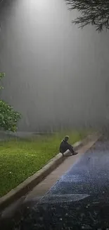 Solitary figure on a rainy night under a streetlight, surrounded by darkness and green.