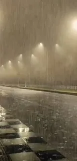 Person walking on a rainy street under glowing streetlights.