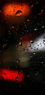 Rain on window with blurry city lights in red and black hues, creating a moody look.