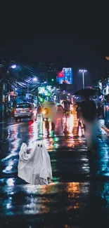 Moody rainy street with ghostly presence at night.