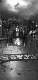 Black and white image of a rainy, deserted street with dramatic skies.