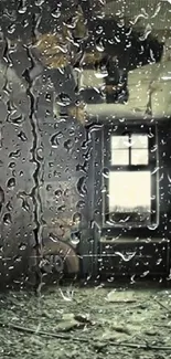 Rainy window with urban room visible, creating a moody ambiance.