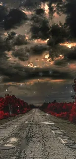 Moody road under a stormy gray sky with vibrant red trees lining the path.