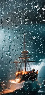 A ship sails through a rainy storm at night in this dynamic mobile wallpaper.