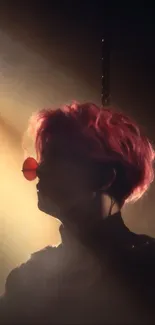 Silhouette with pink hair against dramatic lighting.