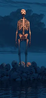 Skeleton stands among skulls with a dark blue night sky backdrop.